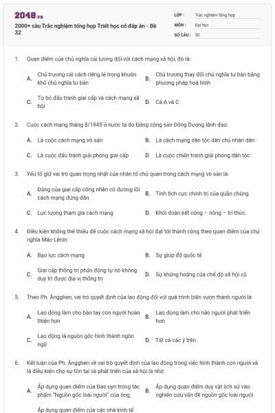 2000+ câu Trắc nghiệm tổng hợp Triết học có đáp án - Đề 32