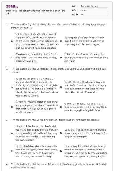 2000+ câu Trắc nghiệm tổng hợp Triết học có đáp án - Đề 38