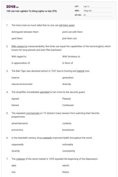 100 câu trắc nghiệm Từ đồng nghĩa cơ bản (P5)