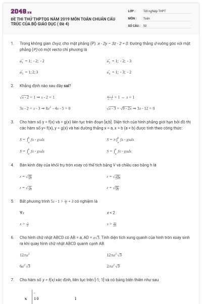 ĐỀ THI THỬ THPTQG NĂM 2019 MÔN TOÁN CHUẨN CẤU TRÚC CỦA BỘ GIÁO DỤC ( Đề 4)