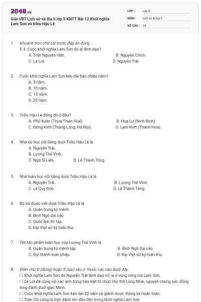 Giải VBT Lịch sử và địa lí lớp 5 KNTT Bài 12 Khởi nghĩa Lam Sơn và triều Hậu Lê