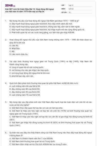 Giải SBT Lịch Sử Cánh Diều Bài 13. Hoạt động đối ngoại của việt nam từ năm 1975 đến nay có đáp án