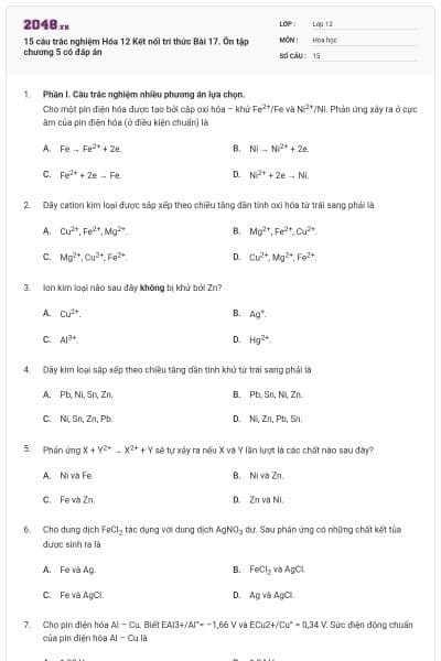 15 câu trắc nghiệm Hóa 12 Kết nối tri thức Bài 17. Ôn tập chương 5 có đáp án
