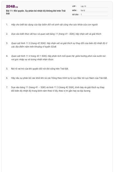 Bài 11: Khí quyển. Sự phân bố nhiệt độ không khí trên Trái Đất