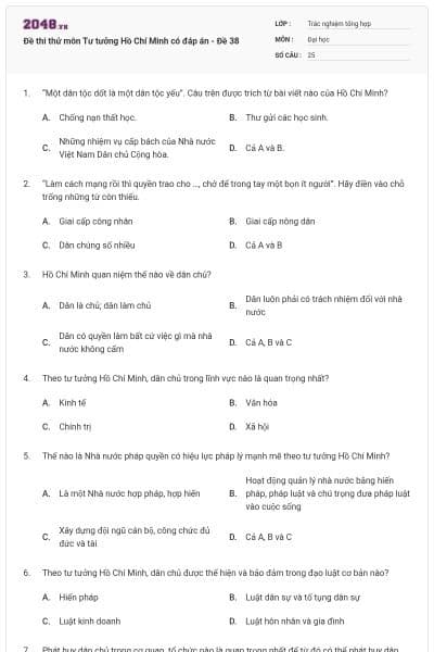 Đề thi thử môn Tư tưởng Hồ Chí Minh có đáp án - Đề 38