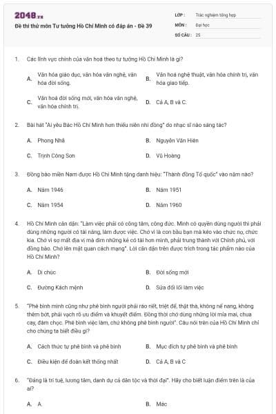 Đề thi thử môn Tư tưởng Hồ Chí Minh có đáp án - Đề 39