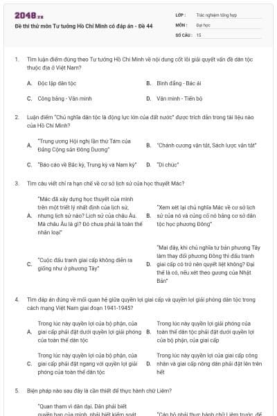 Đề thi thử môn Tư tưởng Hồ Chí Minh có đáp án - Đề 44