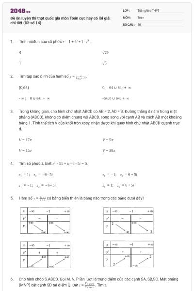 Đề ôn luyện thi thpt quốc gia môn Toán cực hay có lời giải chi tiết (Đề số 14)