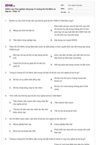 2000+ câu Trắc nghiệm tổng hợp Tư tưởng Hồ Chí Minh có đáp án - Phần 15