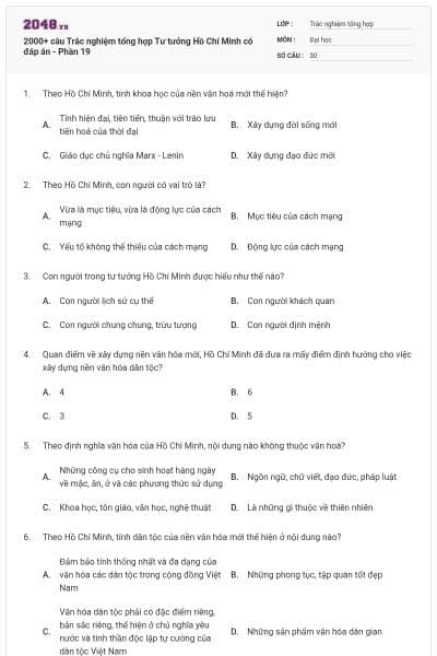2000+ câu Trắc nghiệm tổng hợp Tư tưởng Hồ Chí Minh có đáp án - Phần 19