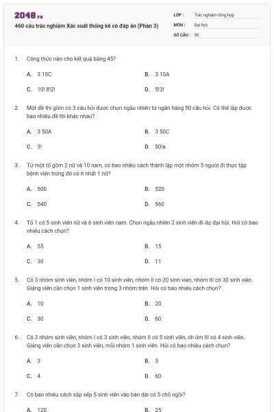 460 câu trắc nghiệm Xác suất thống kê có đáp án (Phần 3)