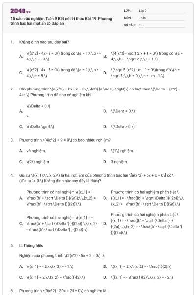 15 câu trắc nghiệm Toán 9 Kết nối tri thức Bài 19. Phương trình bậc hai một ẩn có đáp án