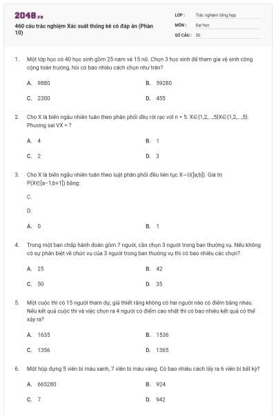 460 câu trắc nghiệm Xác suất thống kê có đáp án (Phần 10)