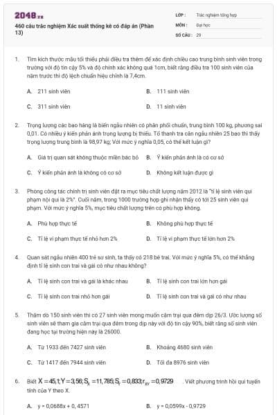 460 câu trắc nghiệm Xác suất thống kê có đáp án (Phần 13)