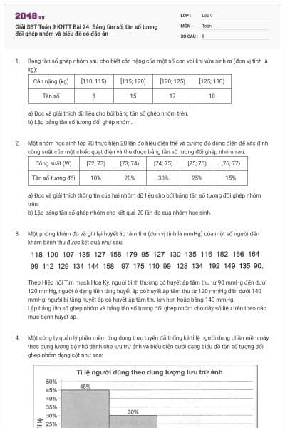 Giải SBT Toán 9 KNTT Bài 24. Bảng tần số, tần số tương đối ghép nhóm và biểu đồ có đáp án