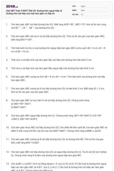 Giải SBT Toán 9 KNTT Bài 28. Đường tròn ngoại tiếp và đường tròn nội tiếp của một tam giác có đáp án