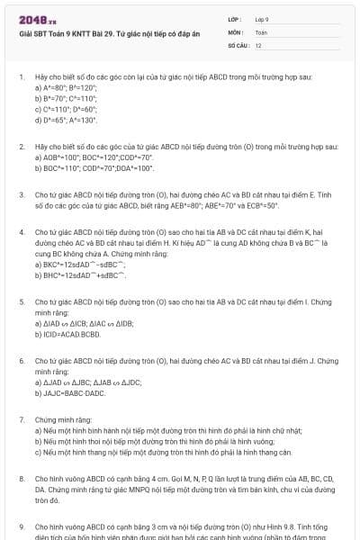 Giải SBT Toán 9 KNTT Bài 29. Tứ giác nội tiếp có đáp án