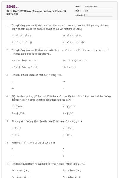 Đề thi thử THPTGQ môn Toán cực cực hay có lời giải chi tiết(Đề 20)