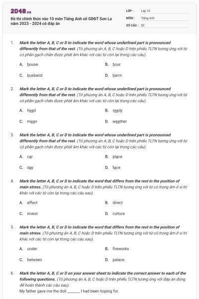 Đề thi chính thức vào 10 môn Tiếng Anh sở GDĐT Sơn La năm 2023 - 2024 có đáp án