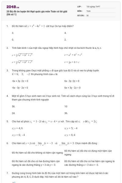 20 Bộ đề ôn luyện thi thpt quốc gia môn Toán có lời giải (Đề số 1)
