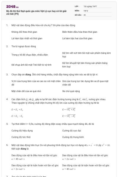 Bộ đề thi thử thpt quốc gia môn Vật Lý cực hay có lời giải chi tiết (P9)