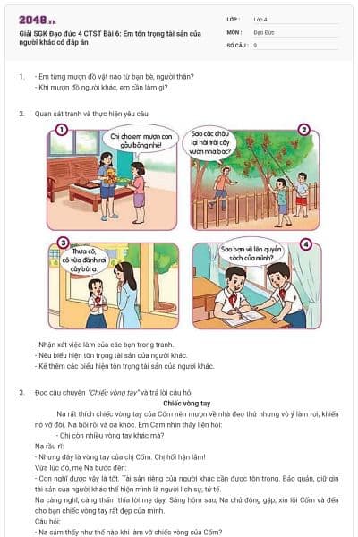 Giải SGK Đạo đức 4 CTST Bài 6: Em tôn trọng tài sản của người khác có đáp án