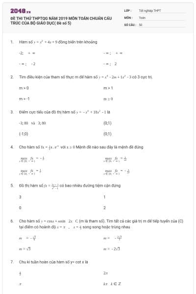 ĐỀ THI THỬ THPTQG NĂM 2019 MÔN TOÁN CHUẨN CẤU TRÚC CỦA BỘ GIÁO DỤC( Đề số 5)