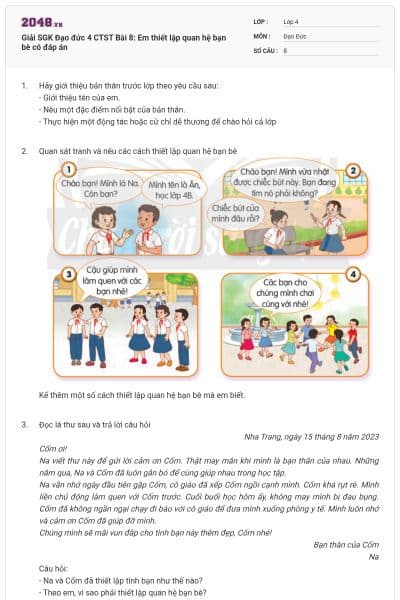 Giải SGK Đạo đức 4 CTST Bài 8: Em thiết lập quan hệ bạn bè có đáp án