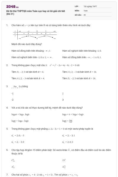 Đề thi thử THPTQG môn Toán cực hay có lời giải chi tiết (Đề 21)