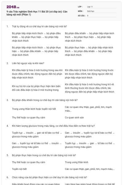 9 câu Trắc nghiệm Sinh Học 11 Bài 20 (có đáp án): Cân bằng nội môi (Phần 1)