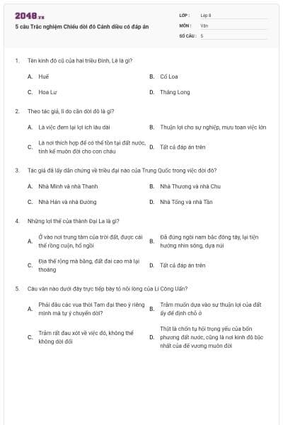 5 câu Trắc nghiệm Chiếu dời đô Cánh diều có đáp án