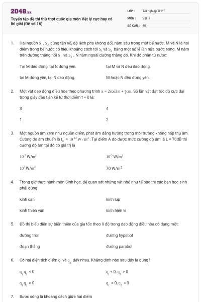 Tuyển tập đề thi thử thpt quốc gia môn Vật lý cực hay có lời giải (Đề số 16)