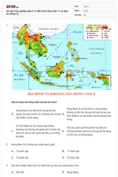42 câu Trắc nghiệm Địa lí 11 Kết nối tri thức Bài 11 có đáp án (Phần 2)