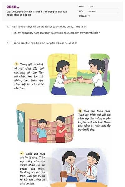 Giải SGK Đạo đức 4 KNTT Bài 4: Tôn trọng tài sản của người khác có đáp án