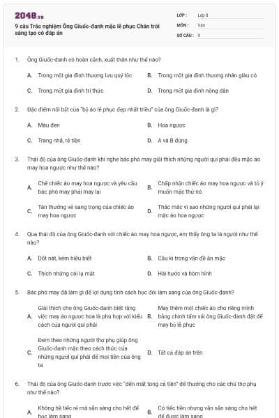 9 câu Trắc nghiệm Ông Giuốc-đanh mặc lễ phục Chân trời sáng tạo có đáp án