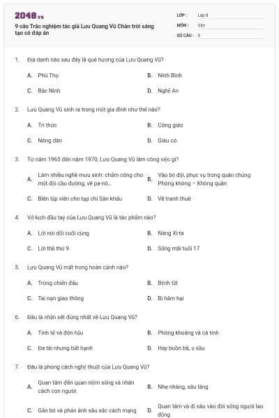 9 câu Trắc nghiệm tác giả Lưu Quang Vũ Chân trời sáng tạo có đáp án