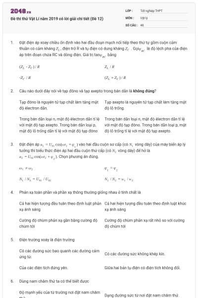 Đề thi thử Vật Lí năm 2019 có lời giải chi tiết (Đề 12)