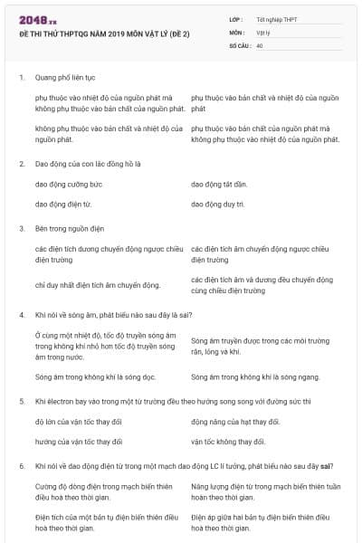 ĐỀ THI THỬ THPTQG NĂM 2019 MÔN VẬT LÝ (ĐỀ 2)