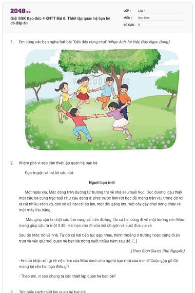 Giải SGK Đạo đức 4 KNTT Bài 6: Thiết lập quan hệ bạn bè có đáp án