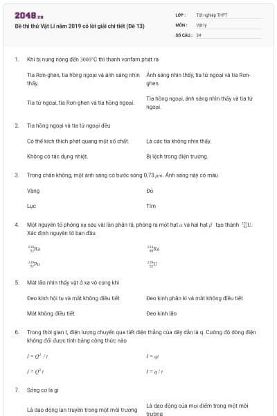 Đề thi thử Vật Lí năm 2019 có lời giải chi tiết (Đề 13)