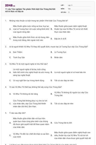 11 câu Trắc nghiệm Tác phẩm Vĩnh biệt Cửu Trùng Đài Kết nối tri thức có đáp án