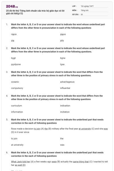 25 đề thi thử Tiếng Anh chuẩn cấu trúc bộ giáo dục có lời giải chi tiết(p13)