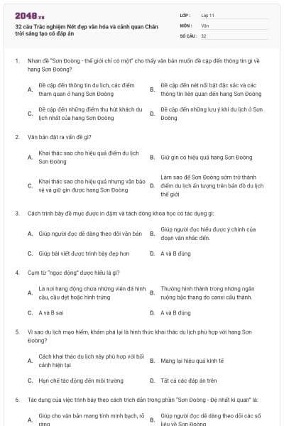 32 câu Trắc nghiệm Nét đẹp văn hóa và cảnh quan Chân trời sáng tạo có đáp án