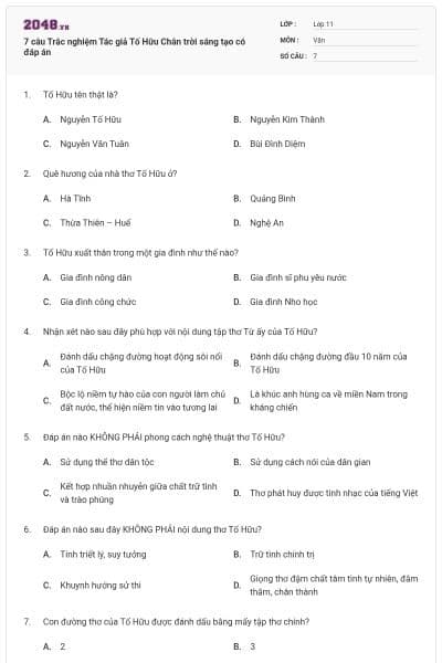 7 câu Trắc nghiệm Tác giả Tố Hữu Chân trời sáng tạo có đáp án