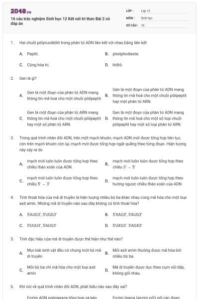 16 câu trắc nghiệm Sinh học 12 Kết nối tri thức Bài 2 có đáp án