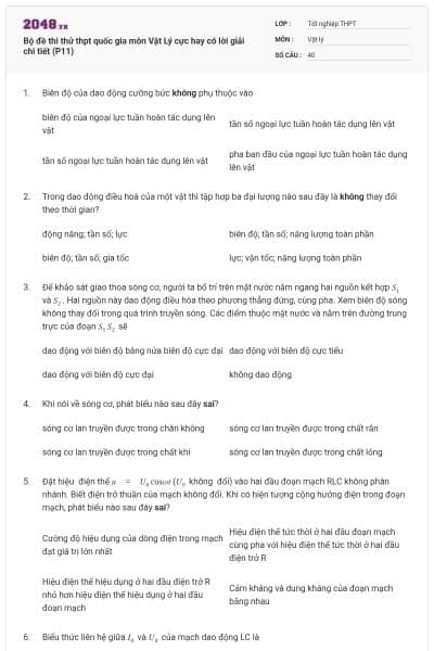 Bộ đề thi thử thpt quốc gia môn Vật Lý cực hay có lời giải chi tiết (P11)
