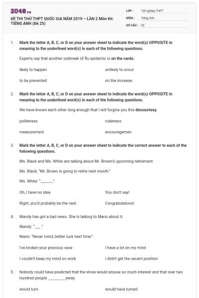 ĐỀ THI THỬ THPT QUỐC GIA NĂM 2019 – LẦN 2 Môn thi: TIẾNG ANH (Đề 25)