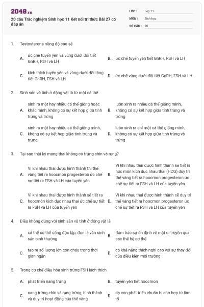 20 câu Trắc nghiệm Sinh học 11 Kết nối tri thức Bài 27 có đáp án