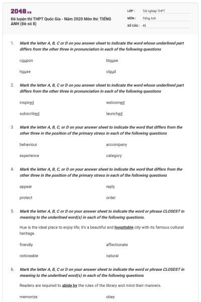 Đề luyện thi THPT Quốc Gia - Năm 2020 Môn thi: TIẾNG ANH (Đề số 8)