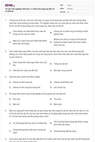 19 câu Trắc nghiệm Sinh học 11 Chân trời sáng tạo Bài 18 có đáp án